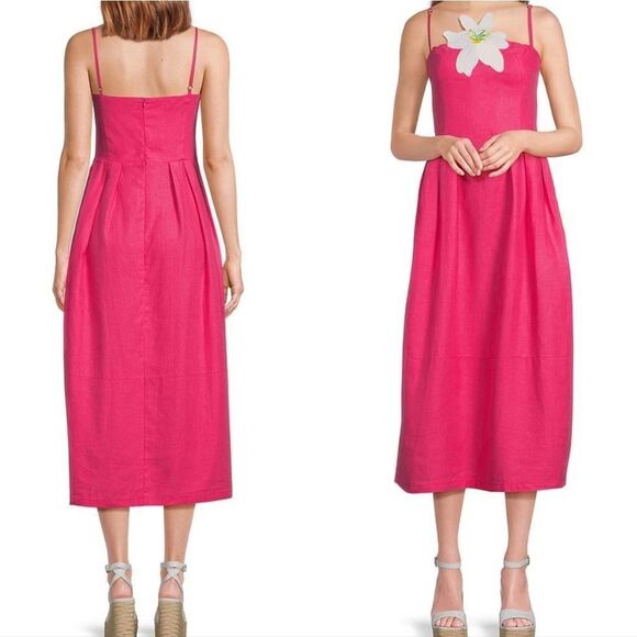 FABM MON Pink Lorr Latrice White Full Bloom Embroidered Detail Linen Midi Dress - Picture 2 of 14